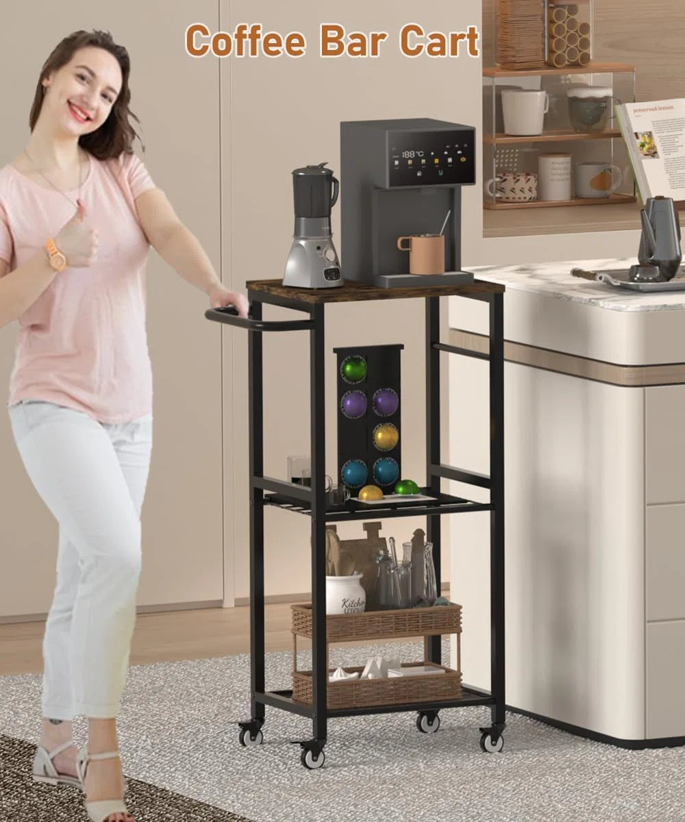 Kitchen Racks: 3-Tier rolling kitchen cart with metal handle, microwave stand on wheels, and movable coffee bar cart