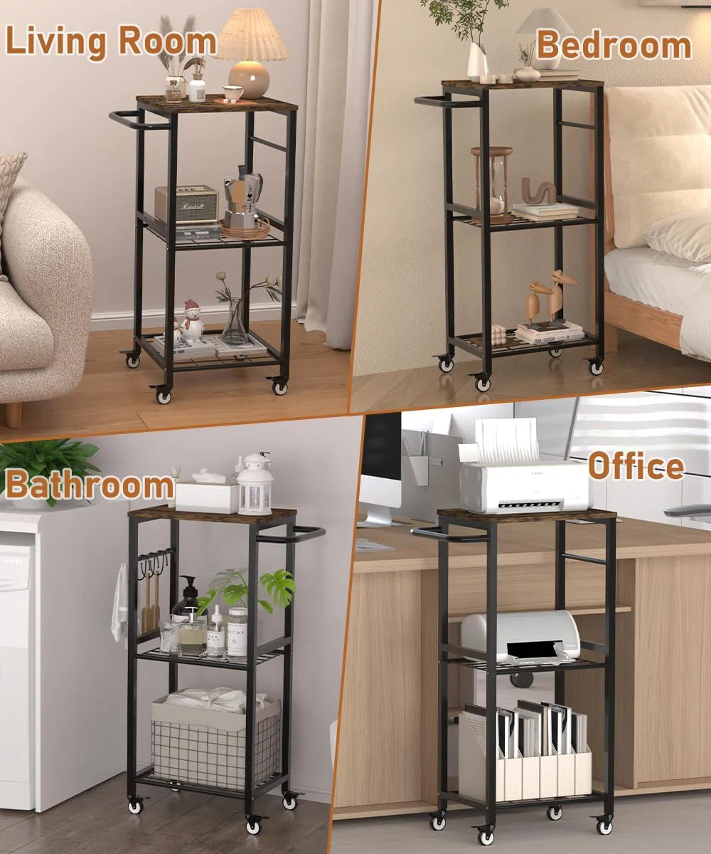 Kitchen Racks: 3-Tier rolling kitchen cart with metal handle, microwave stand on wheels, and movable coffee bar cart