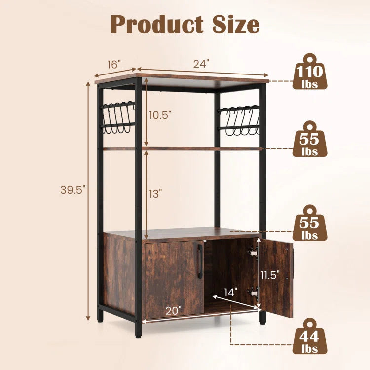 Kitchen Rack: 3-tier kitchen Baker's Rack with Cabinet, 2 open shelves, and 10 S-shaped hooks, 17 stories