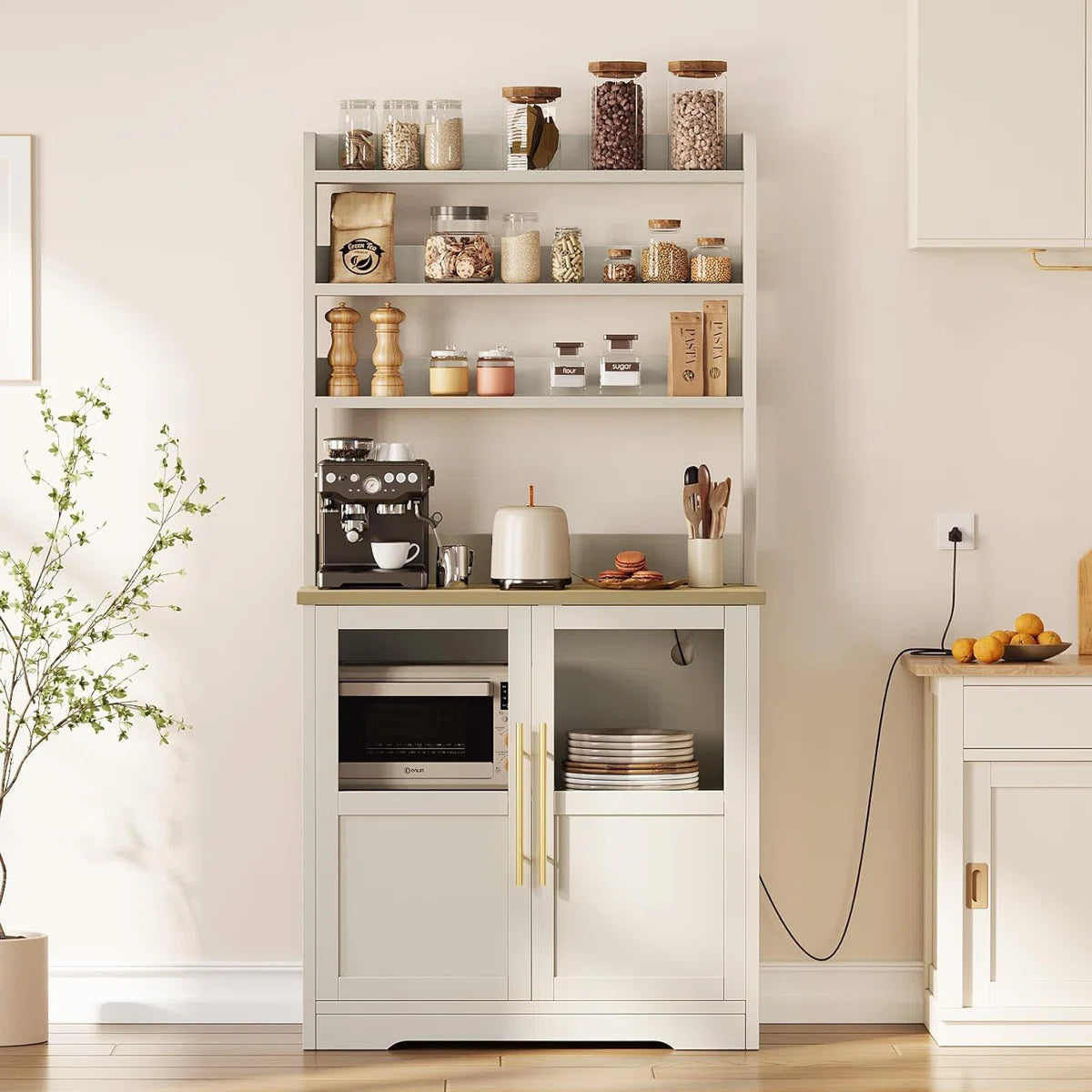 Kitchen Rack: 30.7" Bakers Rack with 2 Glass Doors, Power Outlet Farmhouse Bakers Rack and Kitchen Bakers Rack Cabinet with Large Storage