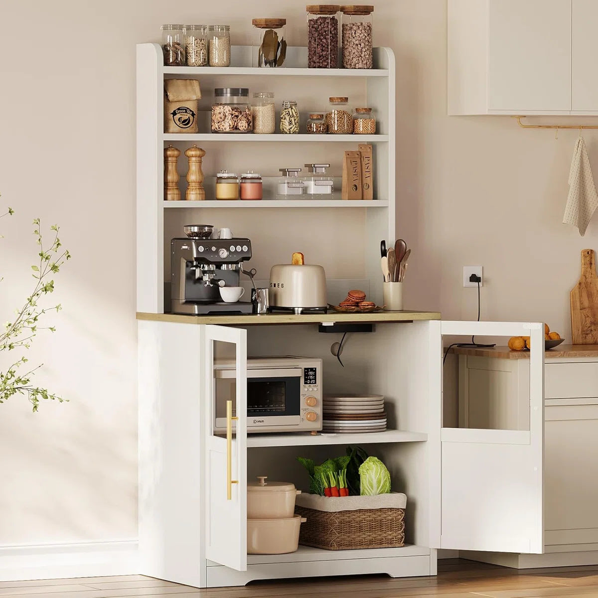 Kitchen Rack: 30.7" Bakers Rack with 2 Glass Doors, Power Outlet Farmhouse Bakers Rack and Kitchen Bakers Rack Cabinet with Large Storage