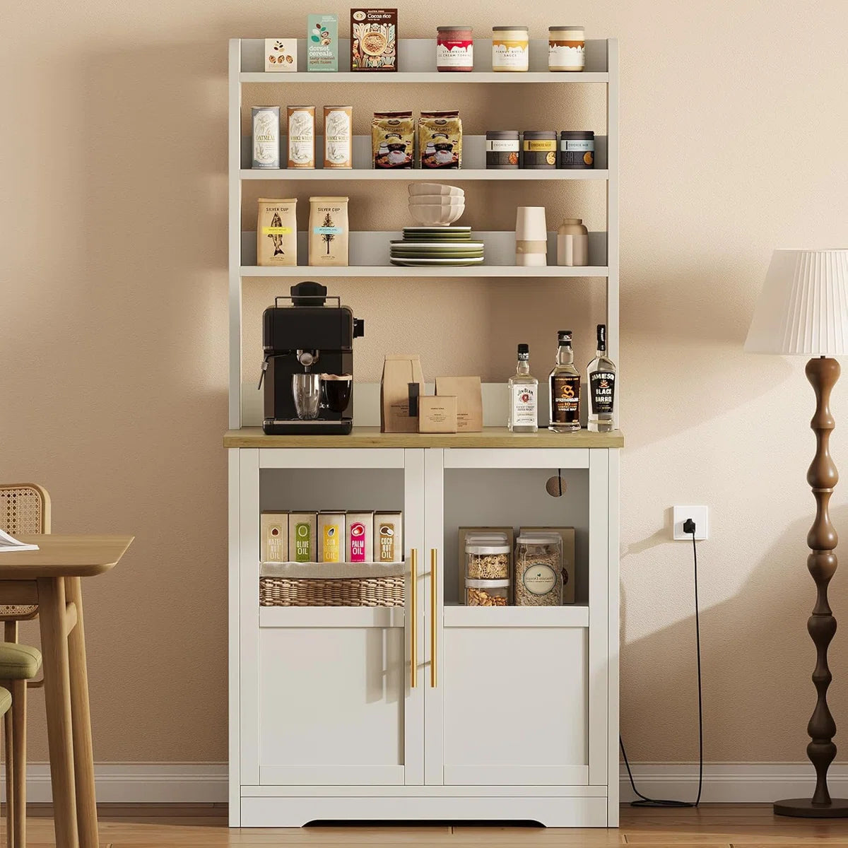 Kitchen Rack: 30.7" Bakers Rack with 2 Glass Doors, Power Outlet Farmhouse Bakers Rack and Kitchen Bakers Rack Cabinet with Large Storage