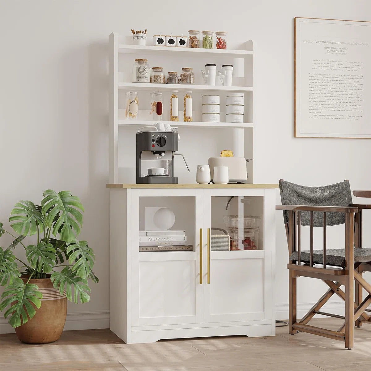 Kitchen Rack: 30.7" Bakers Rack with 2 Glass Doors, Power Outlet Farmhouse Bakers Rack and Kitchen Bakers Rack Cabinet with Large Storage