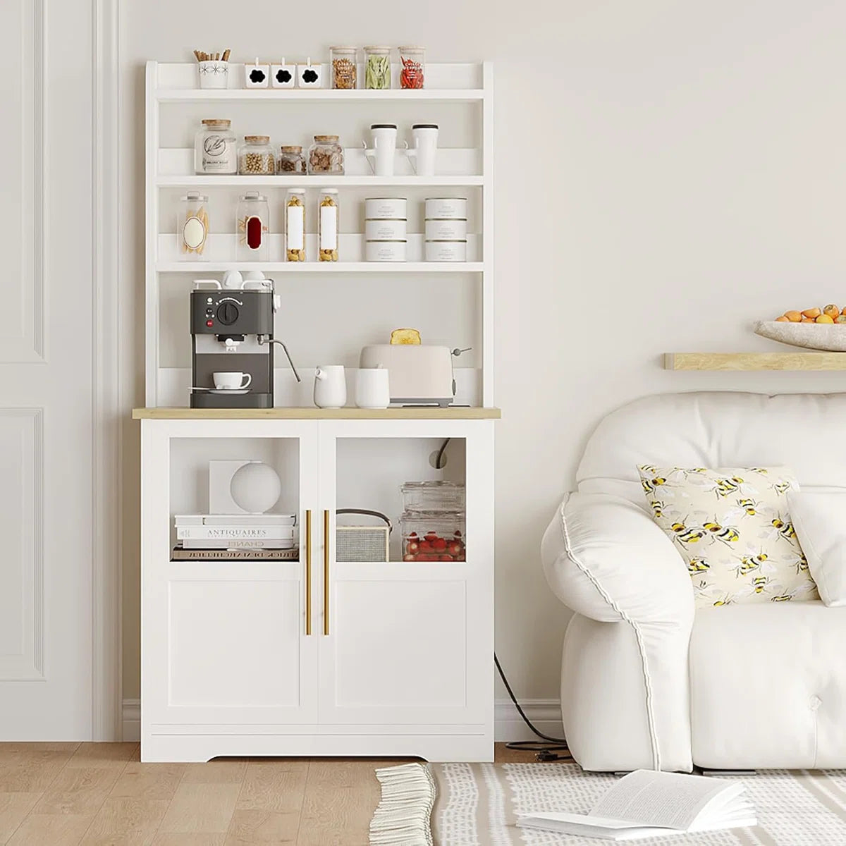 Kitchen Rack: 30.7" Bakers Rack with 2 Glass Doors, Power Outlet Farmhouse Bakers Rack and Kitchen Bakers Rack Cabinet with Large Storage
