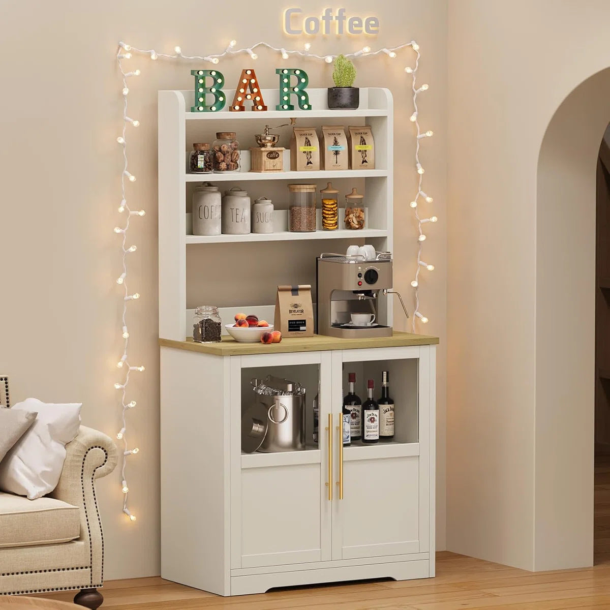 Kitchen Rack: 30.7" Bakers Rack with 2 Glass Doors, Power Outlet Farmhouse Bakers Rack and Kitchen Bakers Rack Cabinet with Large Storage