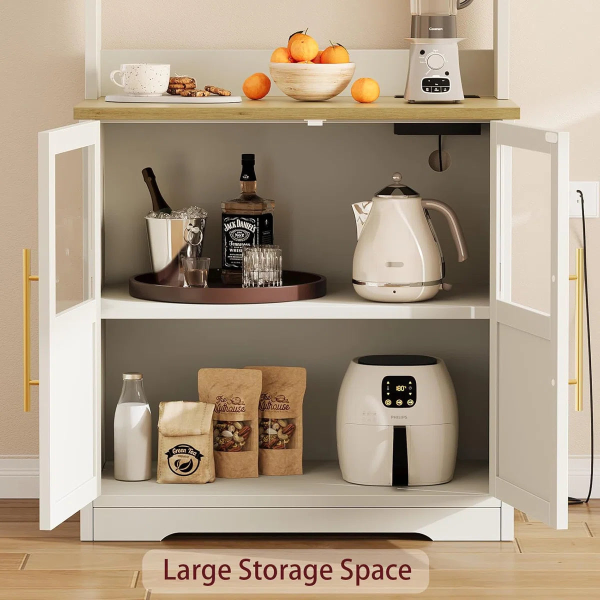 Kitchen Rack: 30.7" Bakers Rack with 2 Glass Doors, Power Outlet Farmhouse Bakers Rack and Kitchen Bakers Rack Cabinet with Large Storage