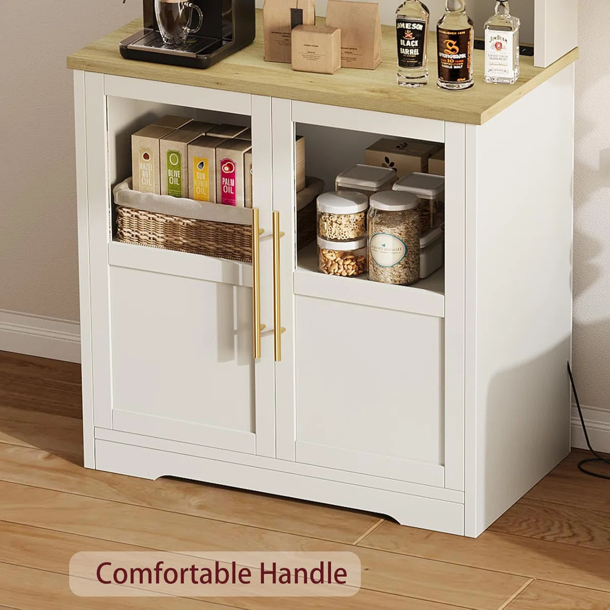 Kitchen Rack: 30.7" Bakers Rack with 2 Glass Doors, Power Outlet Farmhouse Bakers Rack and Kitchen Bakers Rack Cabinet with Large Storage