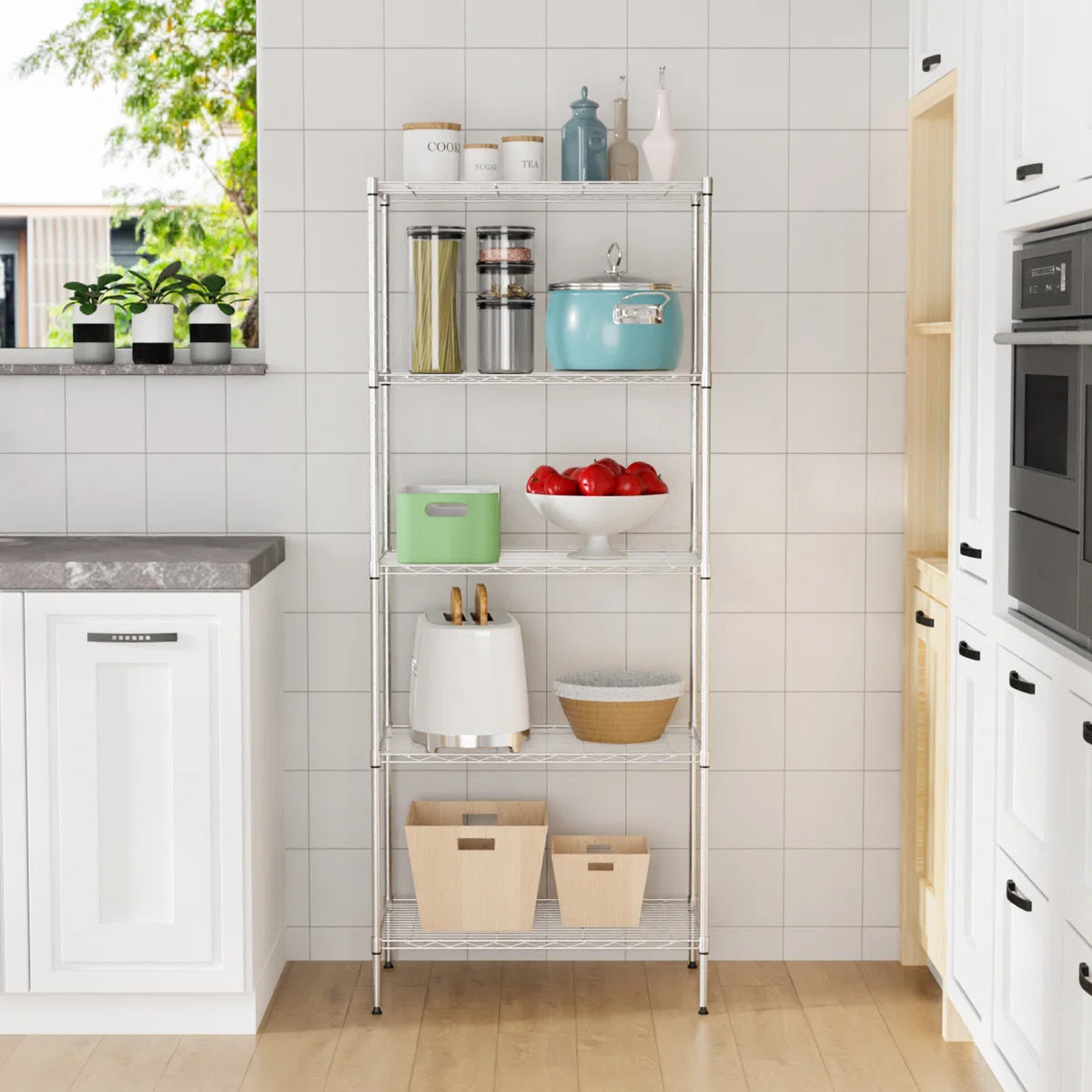 Kitchen Rack: 30'' W Metal Shelving Unit with Wheels