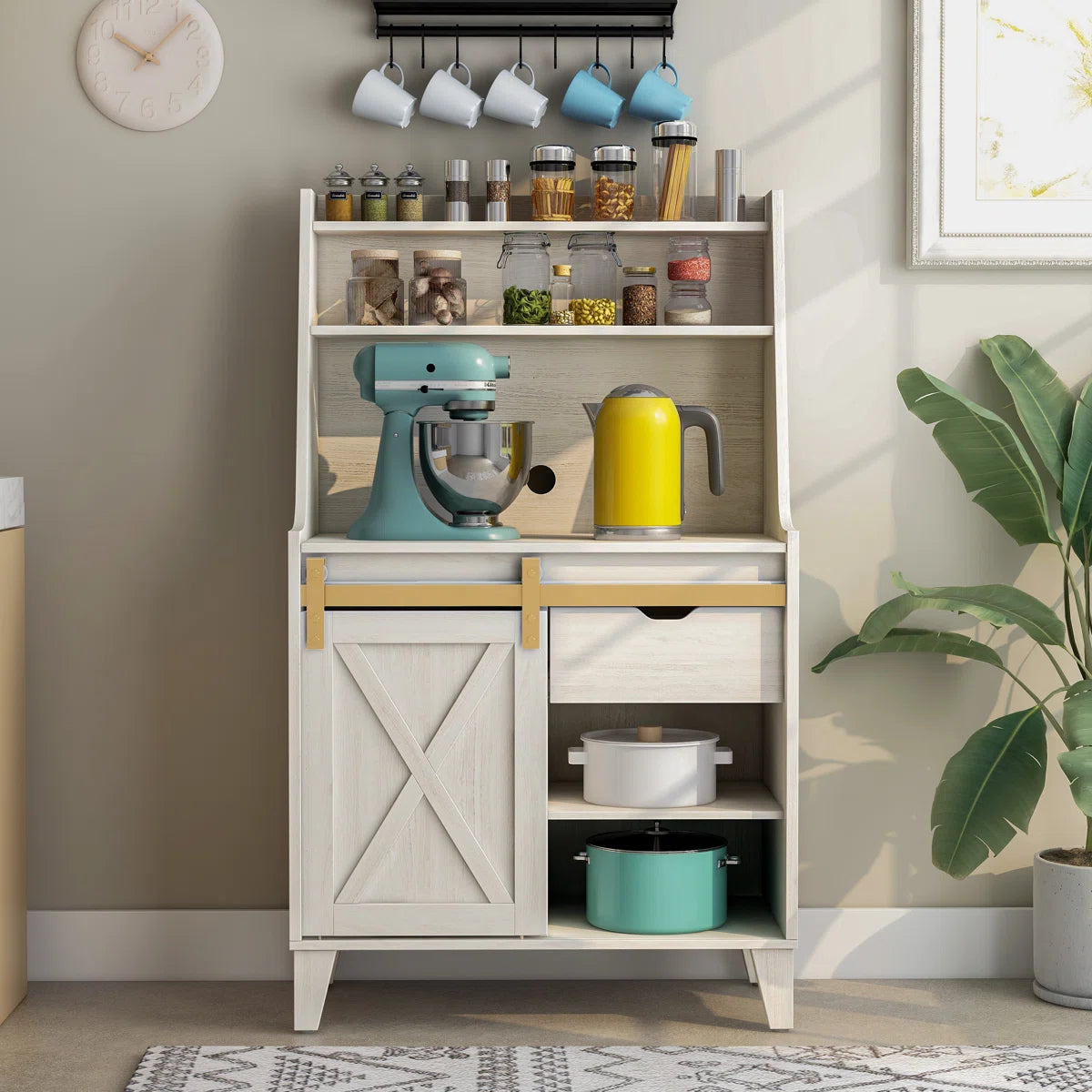 Kitchen Racks: A standard wood 31.25-inch baker's rack with wooden shelves