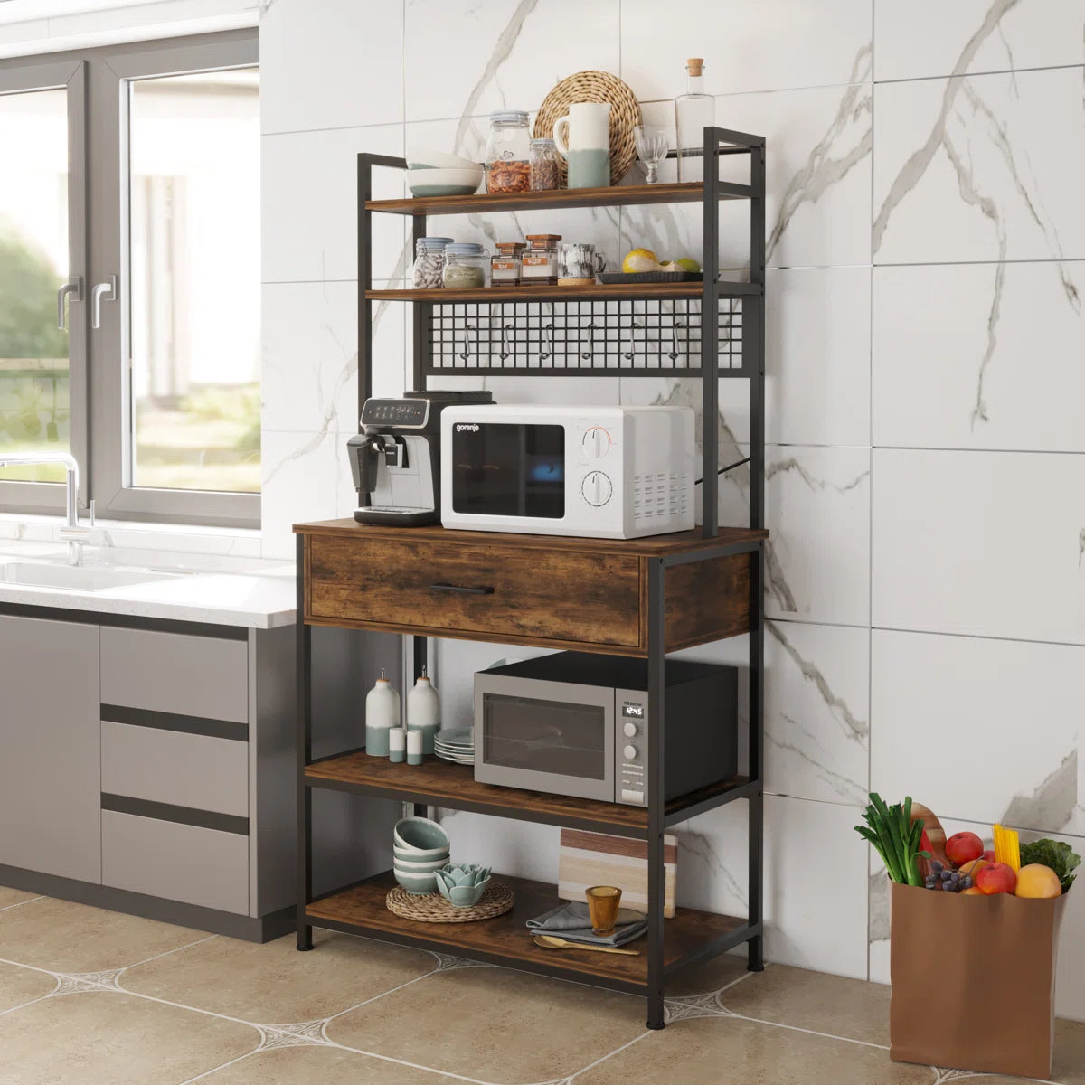 Microwave Stands: 31.5'' Iron Baker's Rack – Compact Microwave Stand with Multi-Tier Kitchen Storage