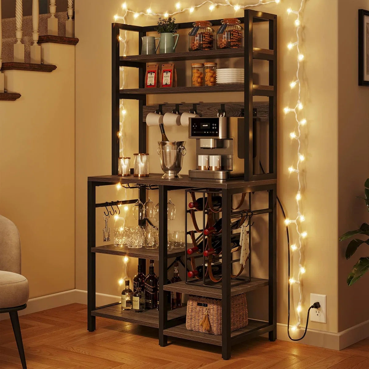 Kitchen Rack: 31.5" Kitchen Microwave Stand Bakers Rack, Coffee Bar with Power Outlet