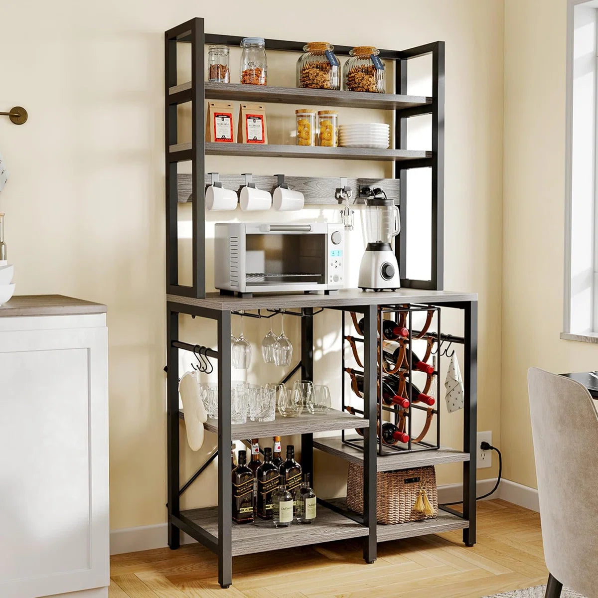 Kitchen Rack: 31.5" Kitchen Microwave Stand Bakers Rack, Coffee Bar with Power Outlet