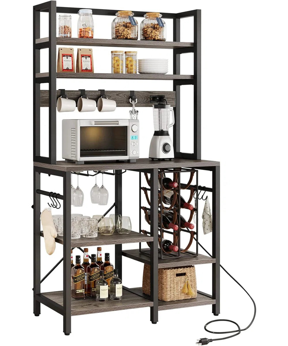 Kitchen Rack: 31.5" Kitchen Microwave Stand Bakers Rack, Coffee Bar with Power Outlet