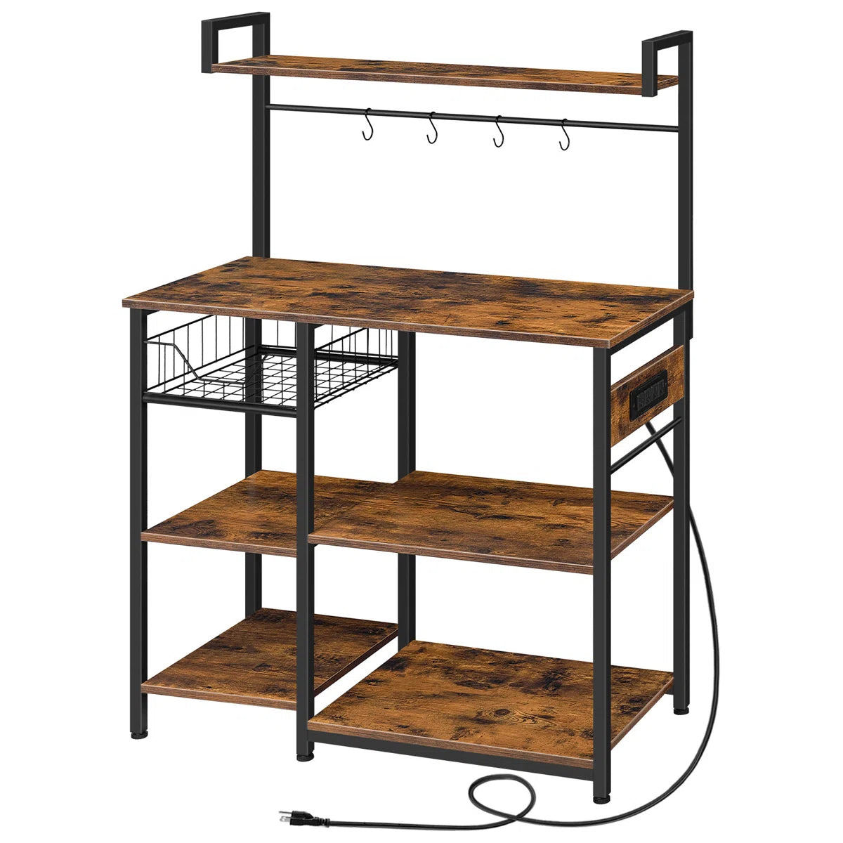 Kitchen Rack: 35.4" Bakers Rack with Coffee Bar, Power Outlet, Mesh Basket, Microwave Stand, and 4 S-Shaped Hooks