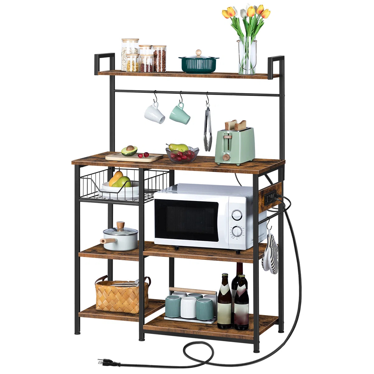 Kitchen Rack: 35.4" Bakers Rack with Coffee Bar, Power Outlet, Mesh Basket, Microwave Stand, and 4 S-Shaped Hooks