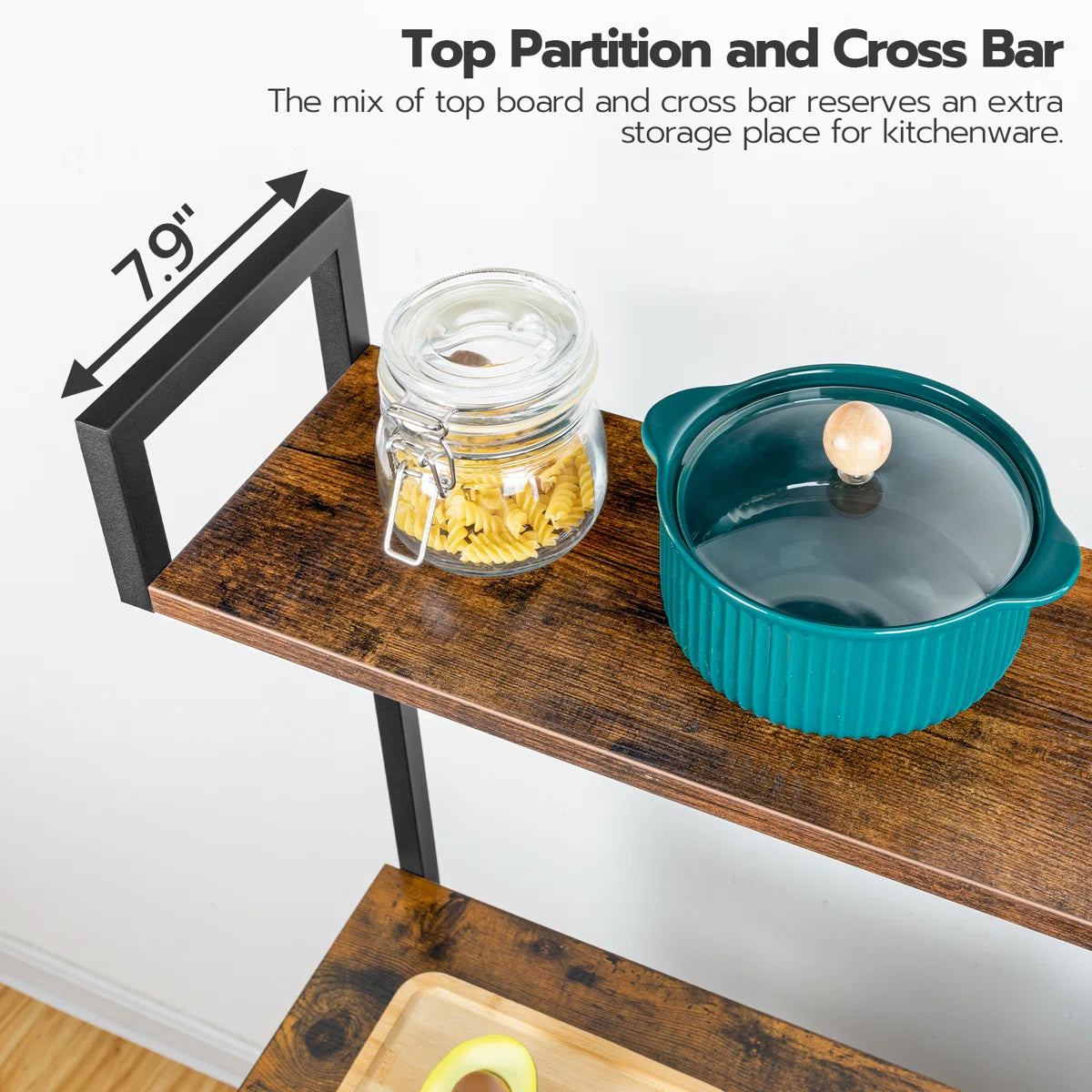 Kitchen Rack: 35.4" Bakers Rack with Coffee Bar, Power Outlet, Mesh Basket, Microwave Stand, and 4 S-Shaped Hooks