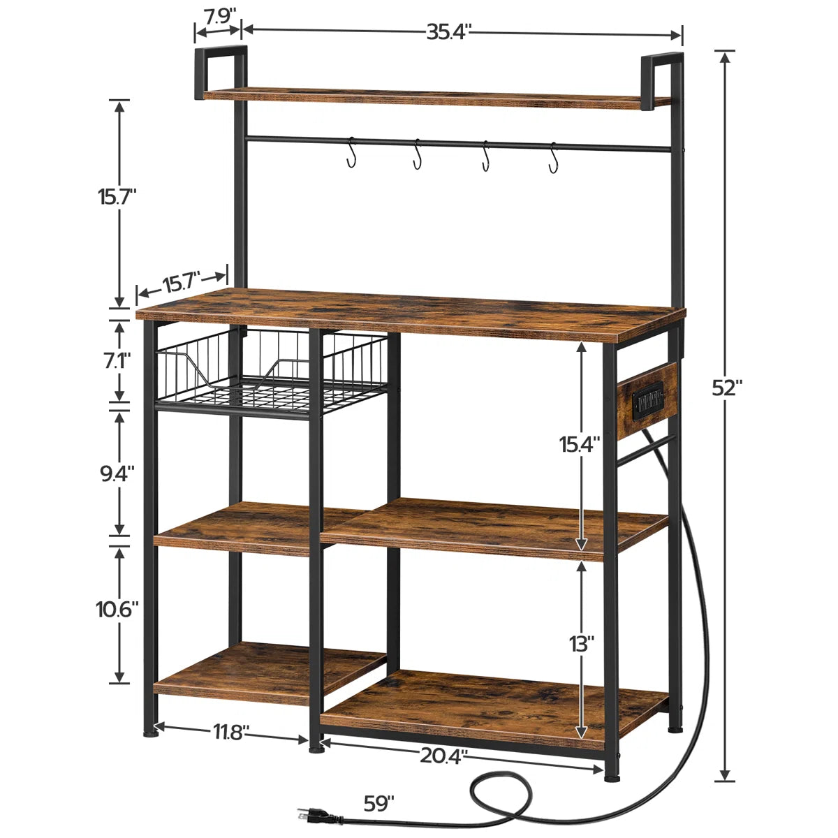 Kitchen Rack: 35.4" Bakers Rack with Coffee Bar, Power Outlet, Mesh Basket, Microwave Stand, and 4 S-Shaped Hooks