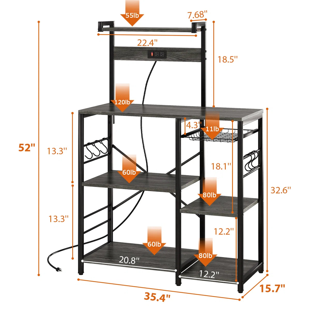 Kitchen Rack: 35.4" Bakers Rack with Power Outlet, Coffee Bar with Microwave Stand and Wire Basket