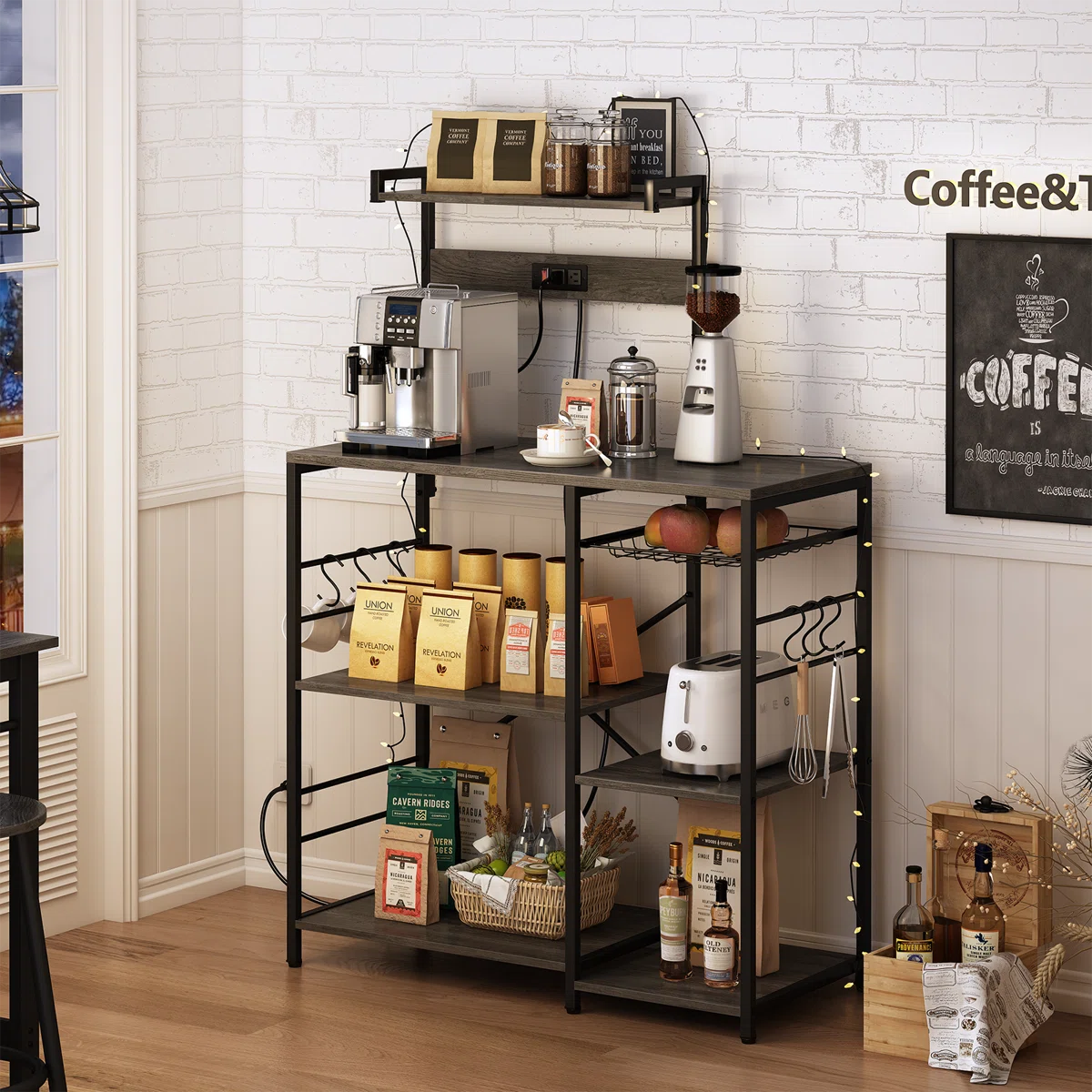 Kitchen Rack: 35.4" Bakers Rack with Power Outlet, Coffee Bar with Microwave Stand and Wire Basket