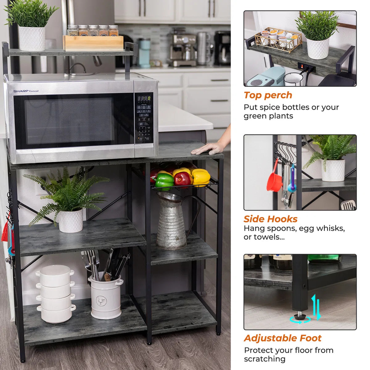 Kitchen Rack: 35.4" Bakers Rack with Power Outlet, Coffee Bar with Microwave Stand and Wire Basket