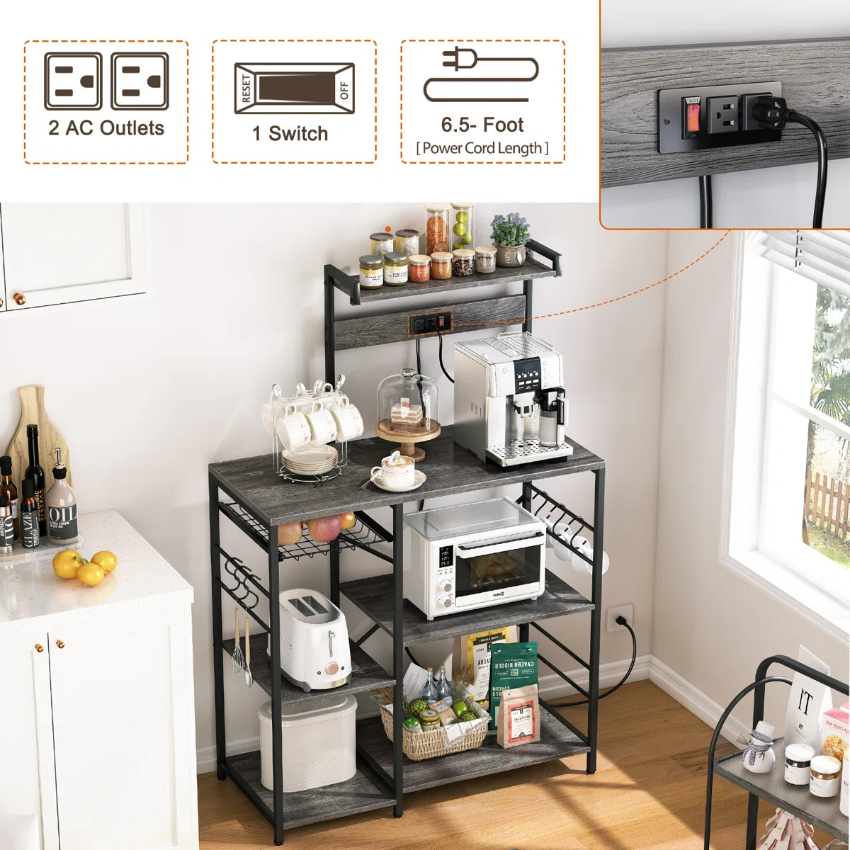 Kitchen Rack: 35.4" Bakers Rack with Power Outlet, Coffee Bar with Microwave Stand and Wire Basket