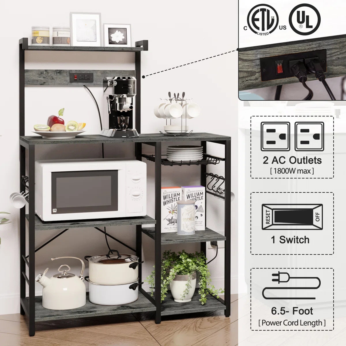 Kitchen Rack: 35.4" Bakers Rack with Power Outlet, Coffee Bar with Microwave Stand and Wire Basket