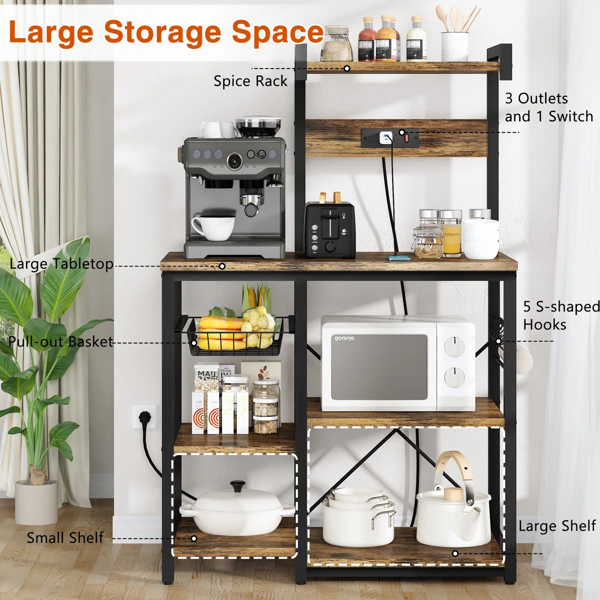 Kitchen Rack: 35.4'' Wood Standard Baker's Rack with Microwave Compatibility