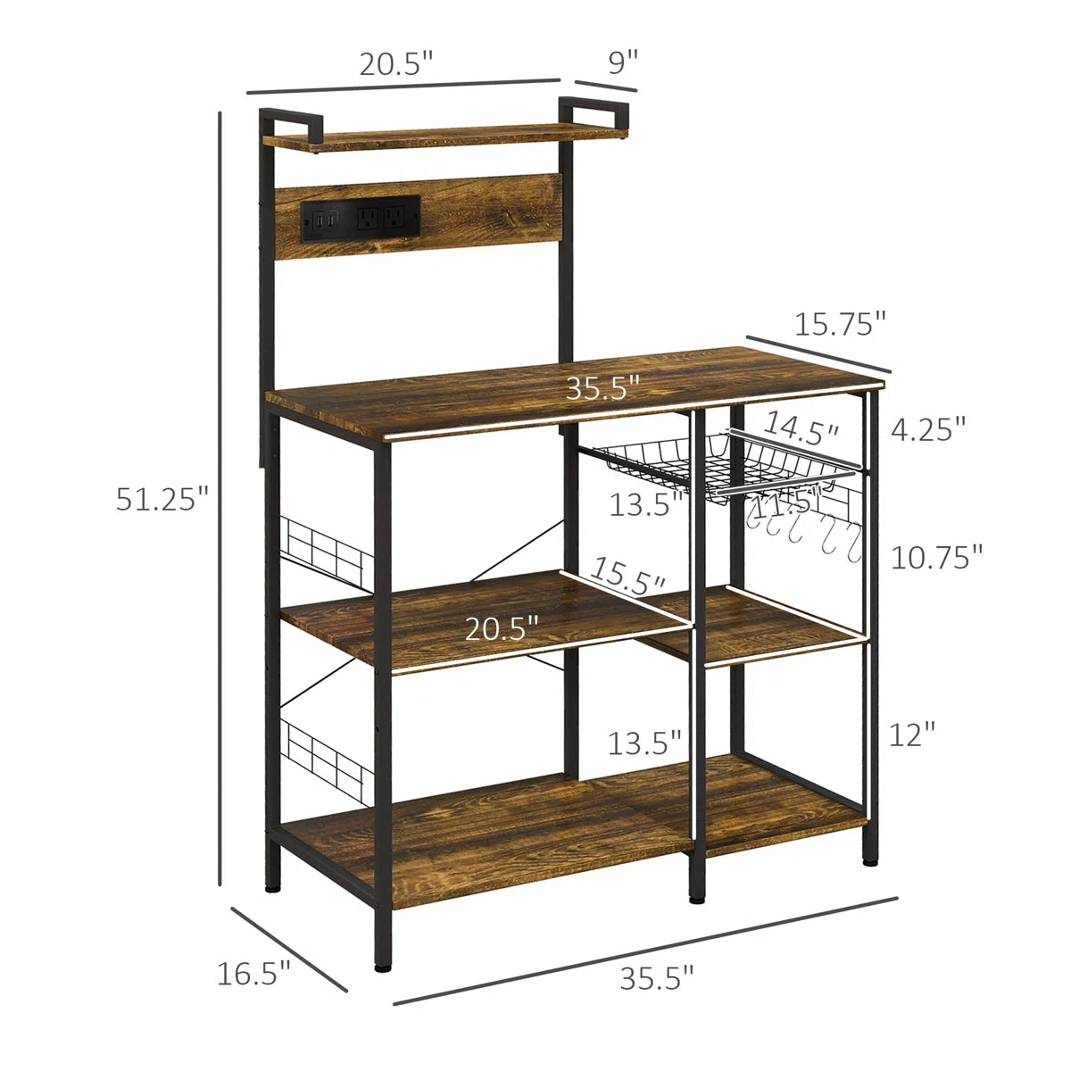 Kitchen Rack: 35.5'' Steel, Manufactured Wood Standard Baker's Rack with Microwave Compatibility