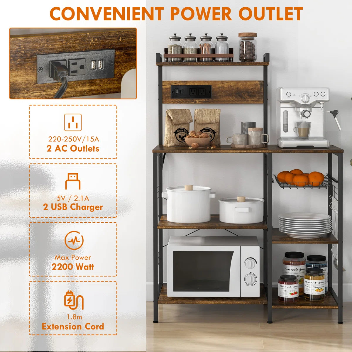 Kitchen Rack: 35.5'' Steel, Manufactured Wood Standard Baker's Rack with Microwave Compatibility