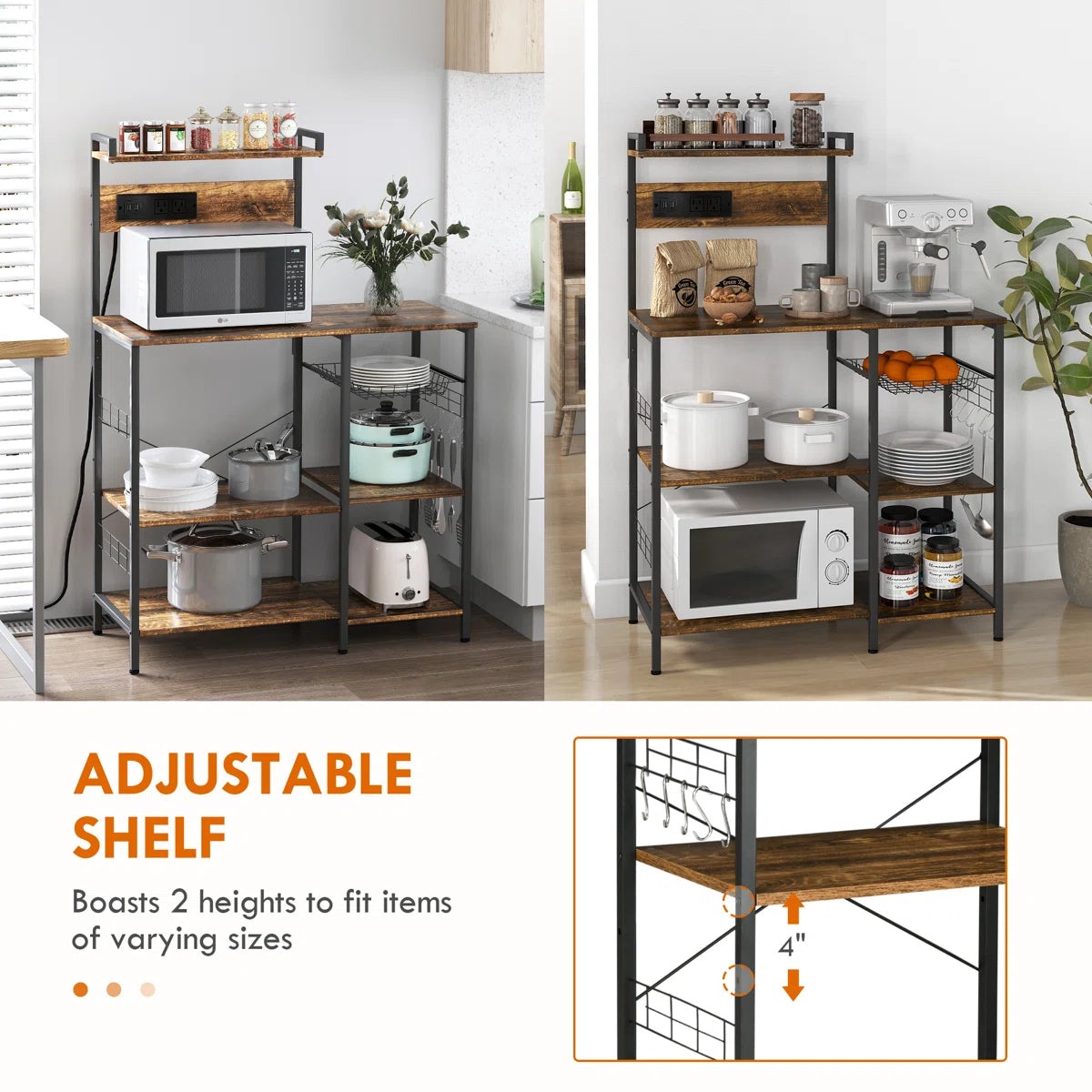 Kitchen Rack: 35.5'' Steel, Manufactured Wood Standard Baker's Rack with Microwave Compatibility