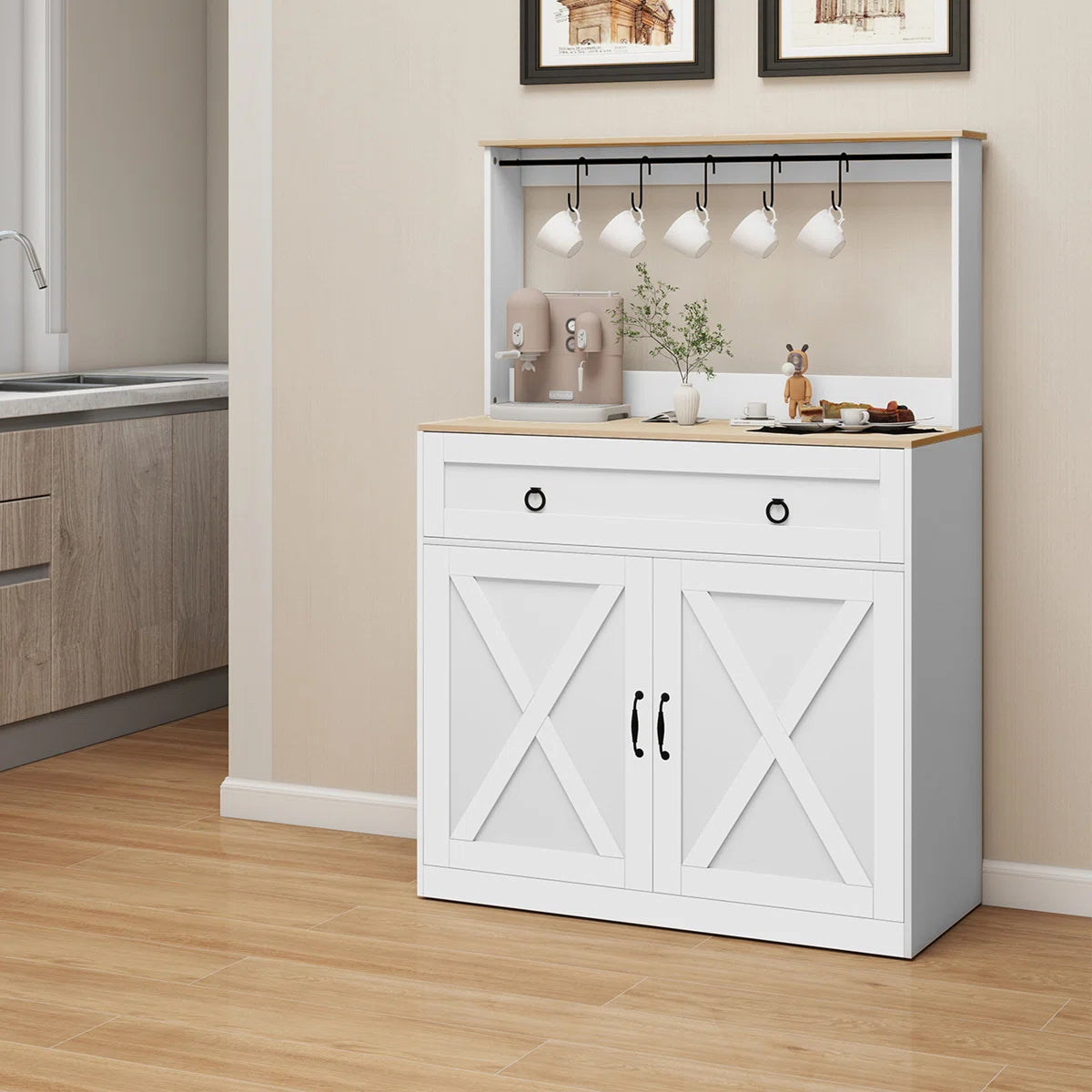Kitchen Island Table: Elegant Wheeled Sideboard with Cabinets, Power Outlets & Hooks