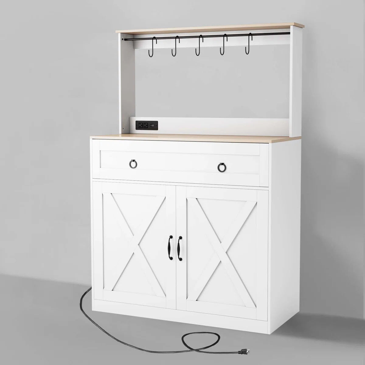 Kitchen Island Table: Elegant Wheeled Sideboard with Cabinets, Power Outlets & Hooks