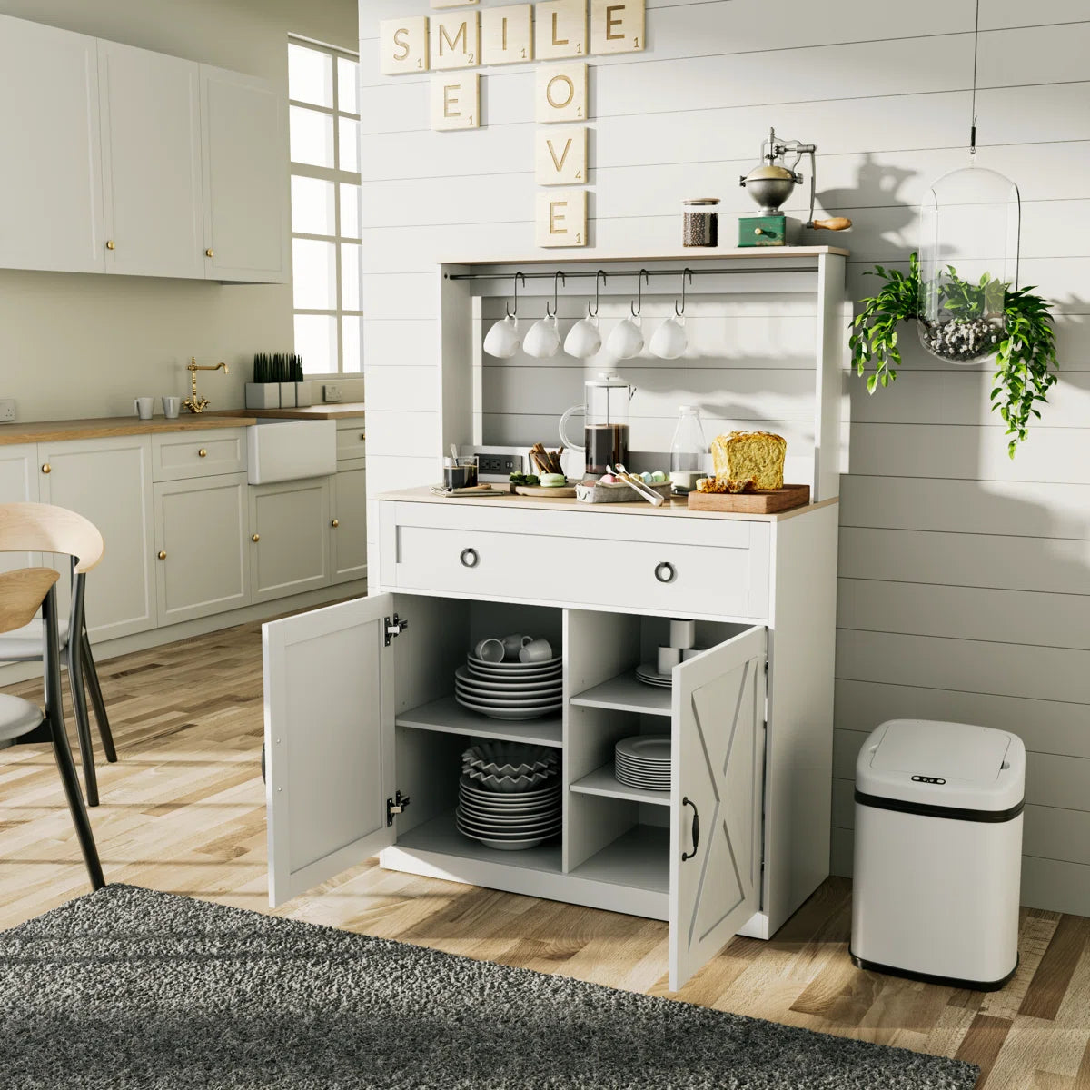 Kitchen Island Table: Elegant Wheeled Sideboard with Cabinets, Power Outlets & Hooks
