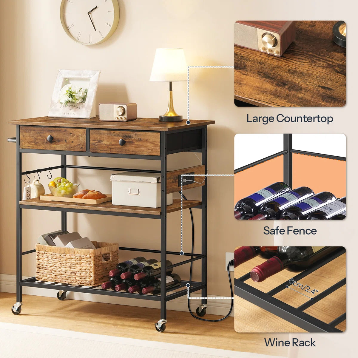 Kitchen Rack: 37.8'' Rolling Kitchen Island with Storage and Power Outlet