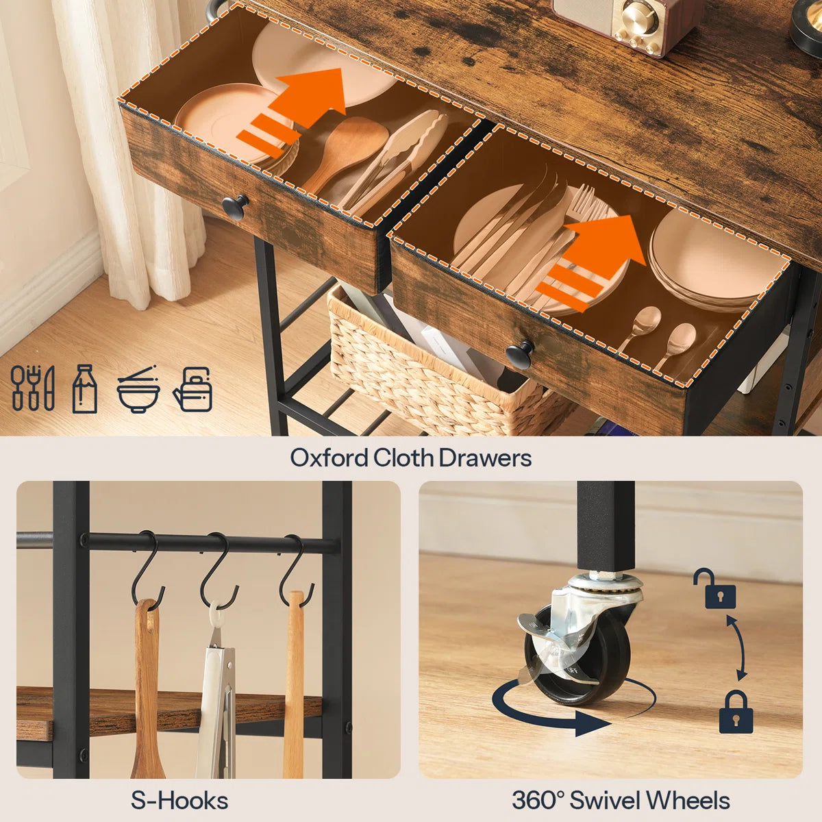 Kitchen Rack: 37.8'' Rolling Kitchen Island with Storage and Power Outlet