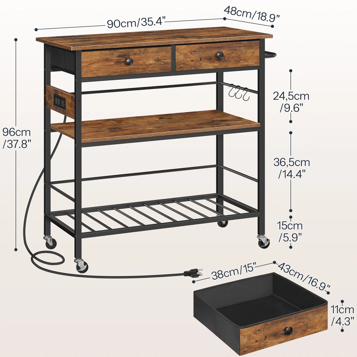Kitchen Rack: 37.8'' Rolling Kitchen Island with Storage and Power Outlet