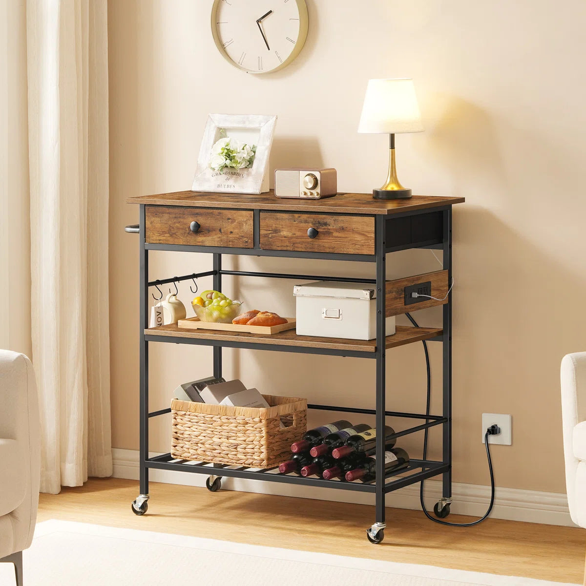 Kitchen Rack: 37.8'' Rolling Kitchen Island with Storage and Power Outlet