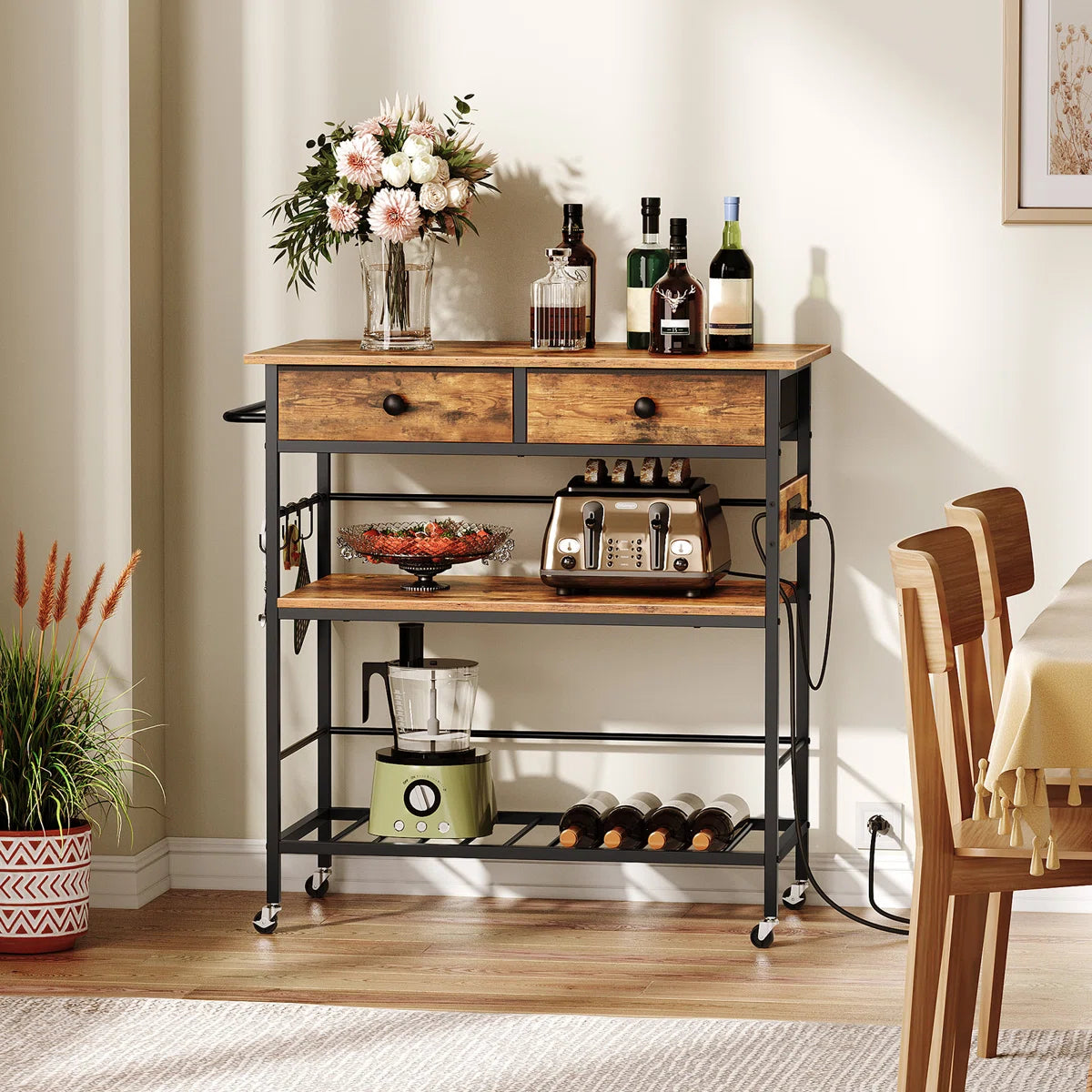 Kitchen Rack: 37.8'' Rolling Kitchen Island with Storage and Power Outlet