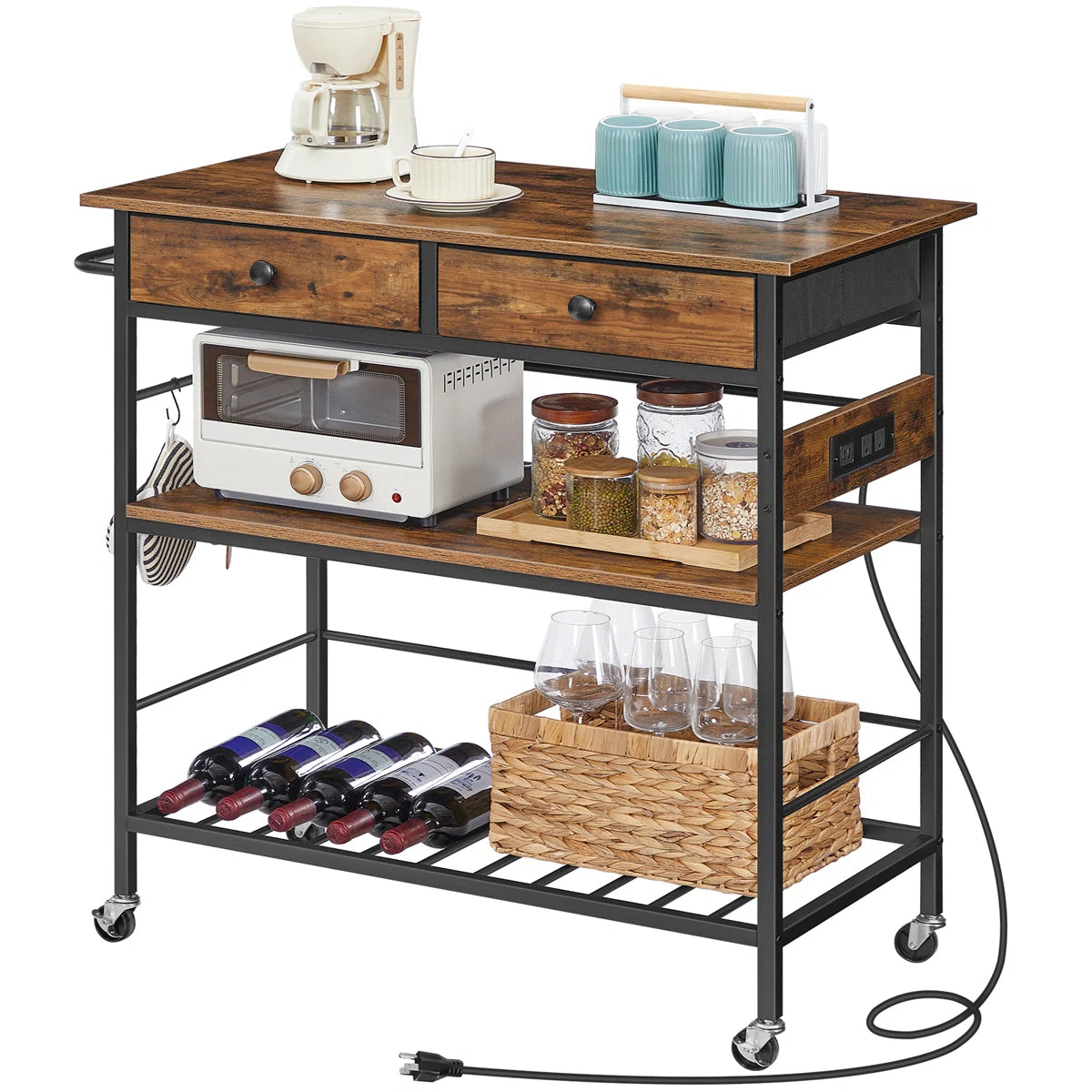Kitchen Rack: 37.8'' Rolling Kitchen Island with Storage and Power Outlet