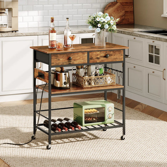 Kitchen Rack: 37.8'' Rolling Kitchen Island with Storage and Power Outlet