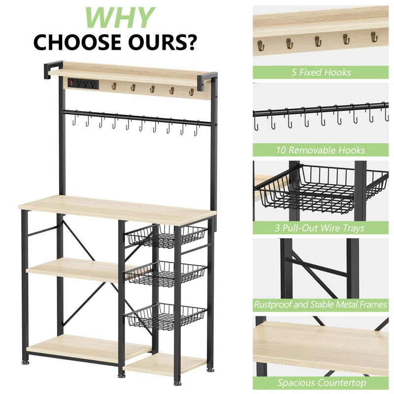 Kitchen Rack: 38.8" Standard Metal Baker's Rack with 15 Hooks, 3 Wire Baskets, Coffee Bar, Microwave Stand, and Power Outlets
