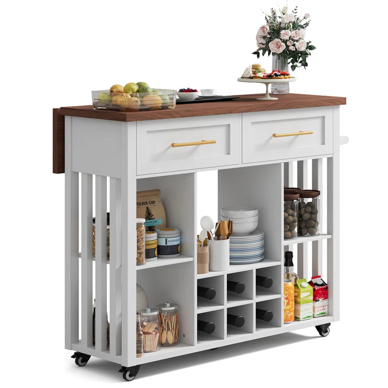 Kitchen Island Table: 39.4" Modern Rolling Island with Drop Leaf, Wine Rack & Storage