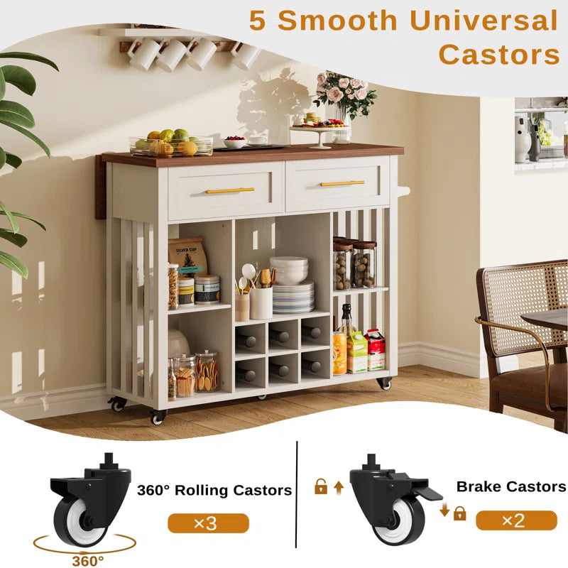 Kitchen Island Table: 39.4" Modern Rolling Island with Drop Leaf, Wine Rack & Storage