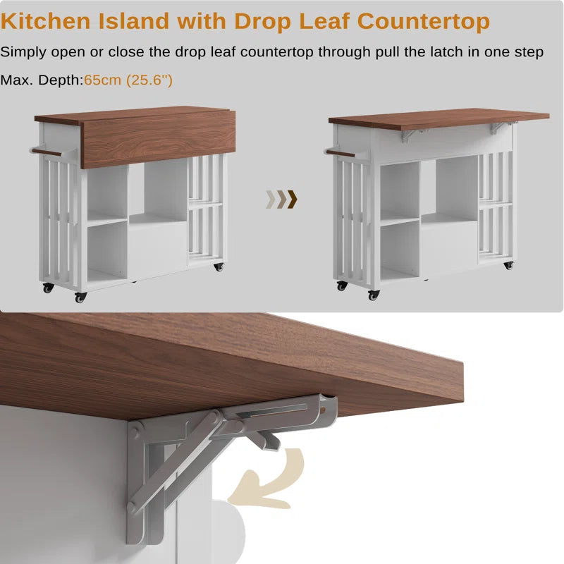 Kitchen Island Table: 39.4" Modern Rolling Island with Drop Leaf, Wine Rack & Storage
