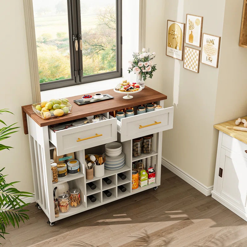 Kitchen Island Table: 39.4" Modern Rolling Island with Drop Leaf, Wine Rack & Storage