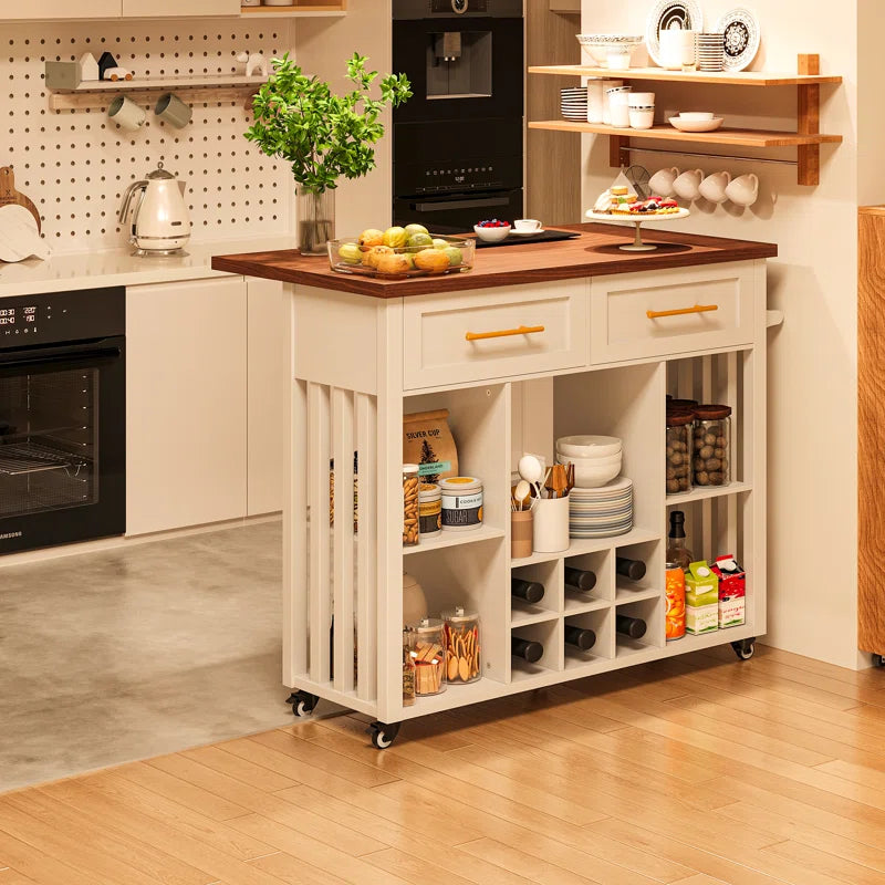 Kitchen Island Table: 39.4" Modern Rolling Island with Drop Leaf, Wine Rack & Storage