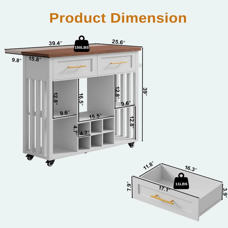 Kitchen Island Table: 39.4" Modern Rolling Island with Drop Leaf, Wine Rack & Storage