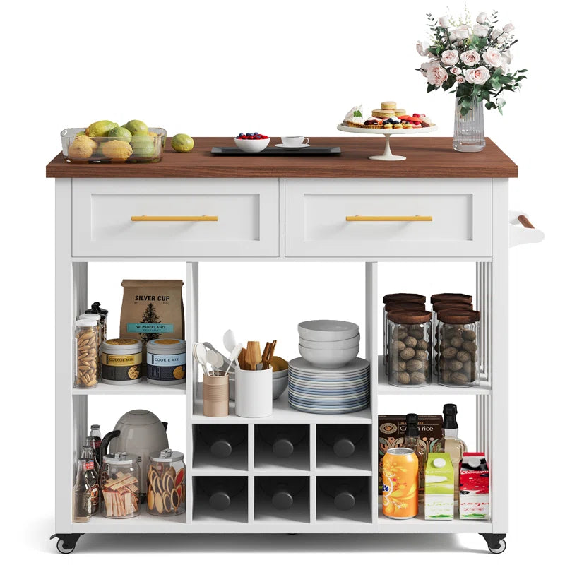 Kitchen Island Table: 39.4" Modern Rolling Island with Drop Leaf, Wine Rack & Storage