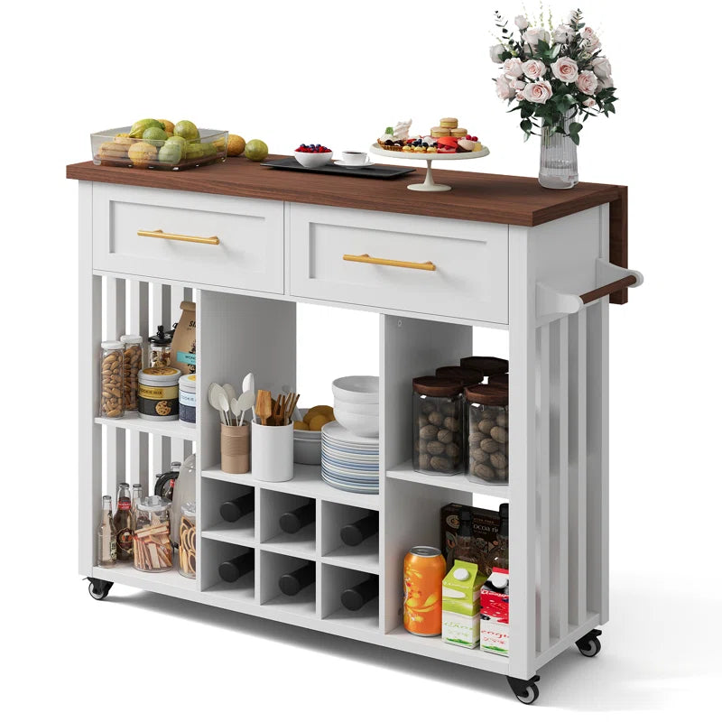 Kitchen Island Table: 39.4" Modern Rolling Island with Drop Leaf, Wine Rack & Storage