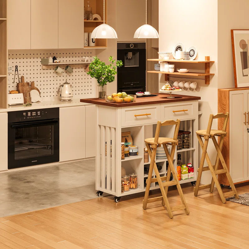 Kitchen Island Table: 39.4" Modern Rolling Island with Drop Leaf, Wine Rack & Storage